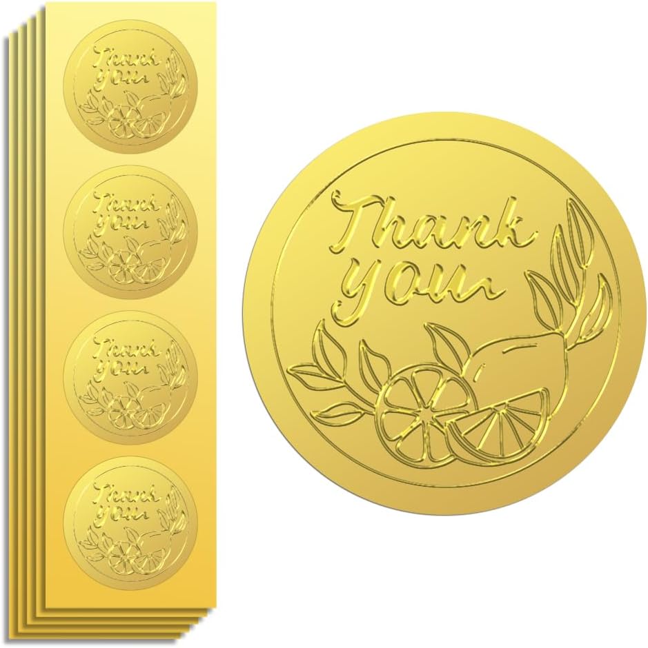 Peacoblue Gold Foil Stickers Seals Embossed 2 Inch 100Pcs Thank You witn Lemon Pattern, Self Adhesive Gold Around Embossing Sticker for Thanks Gift Card Envelope Seal Present Invitation Decoration