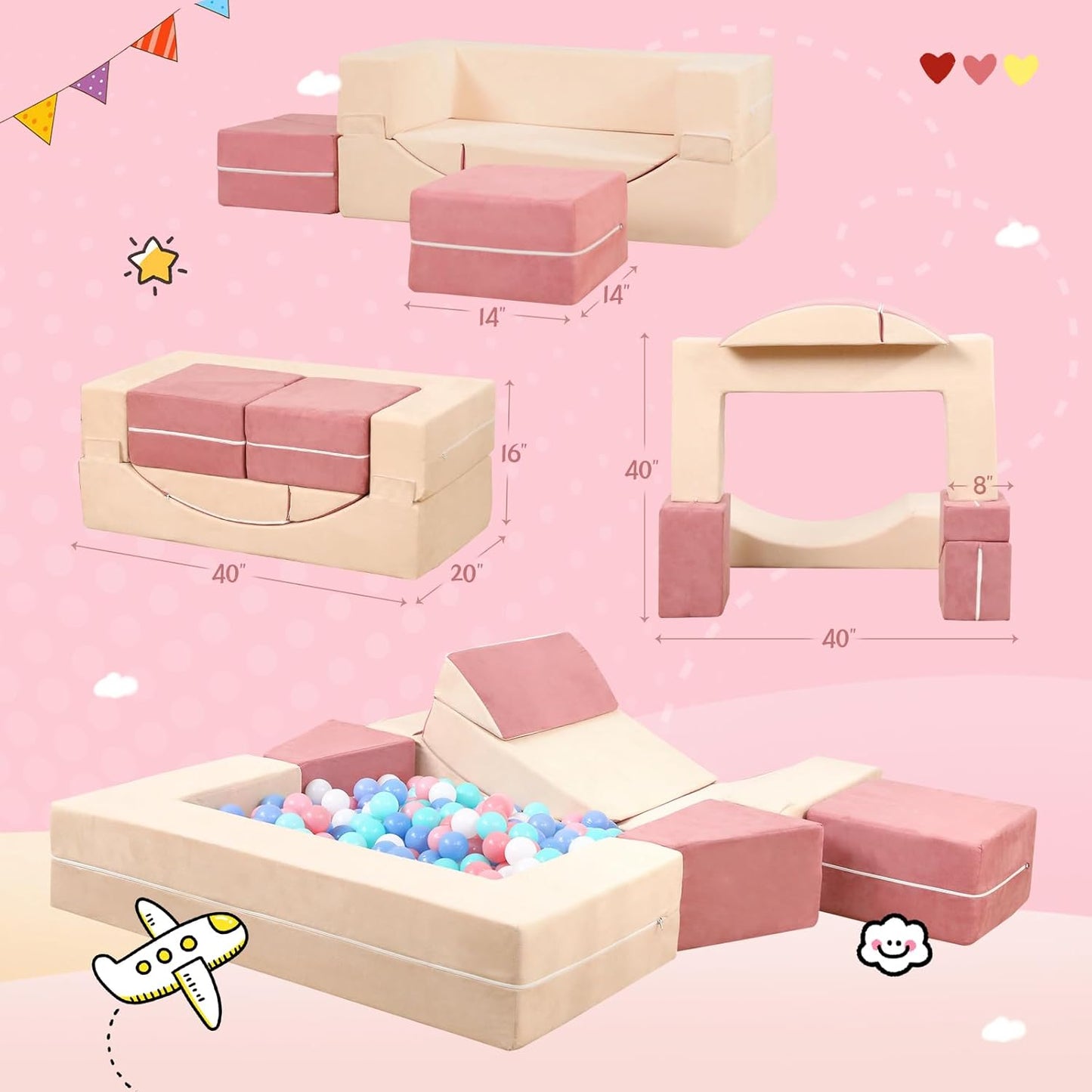 Modular Kids Play Couch, Kids Sofa Toddler Couch, Foam Play Set with Recliner, Toddler Sofa for Creative Boys & Girls, Convertible Foam Climbing Blocks
