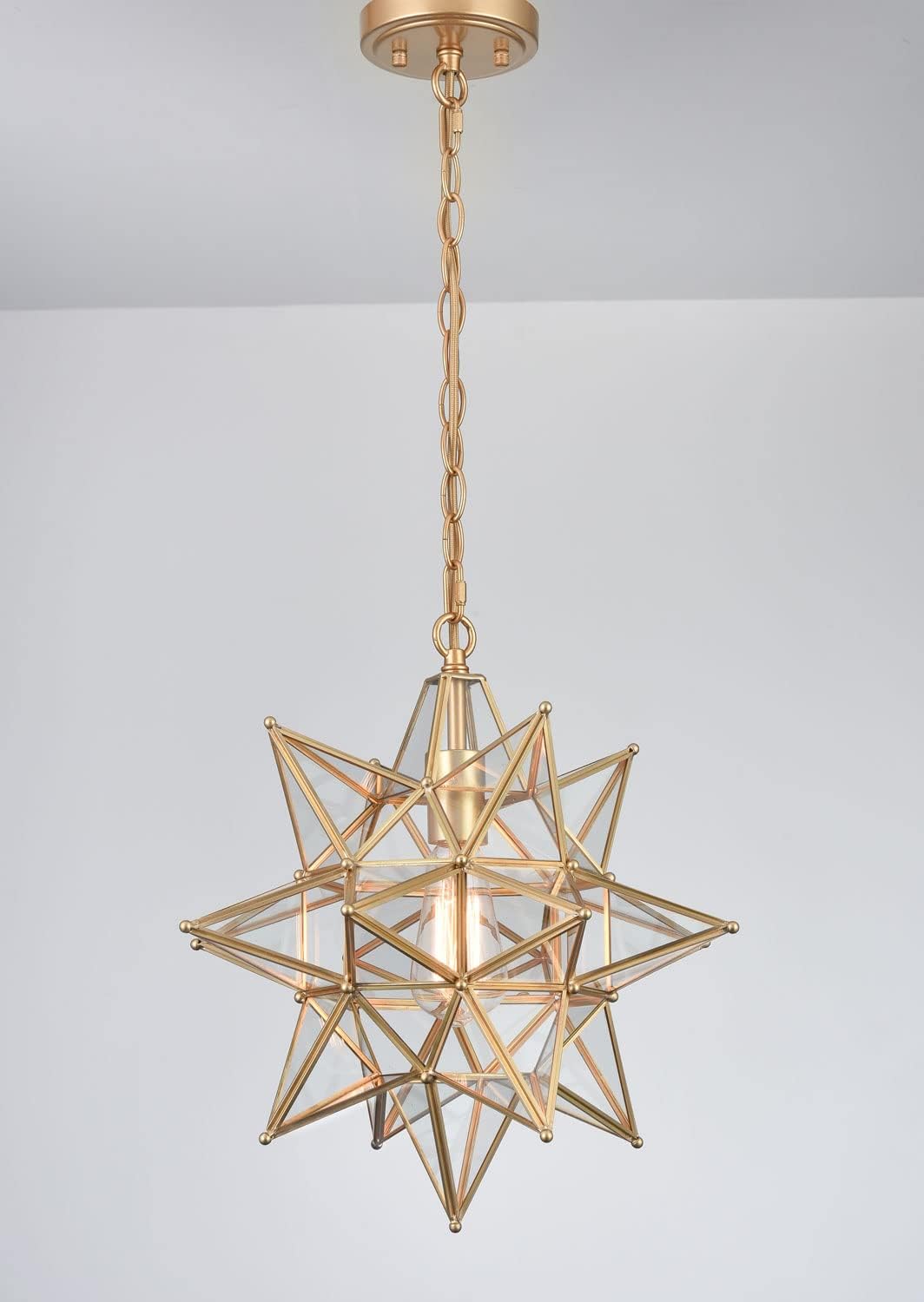 DIRYZON Modern Moravian Star Pendant Light for Kitchen Island Boho Gold Hanging Ceiling Light with Clear Glass Adjustable Chain,16 Inch