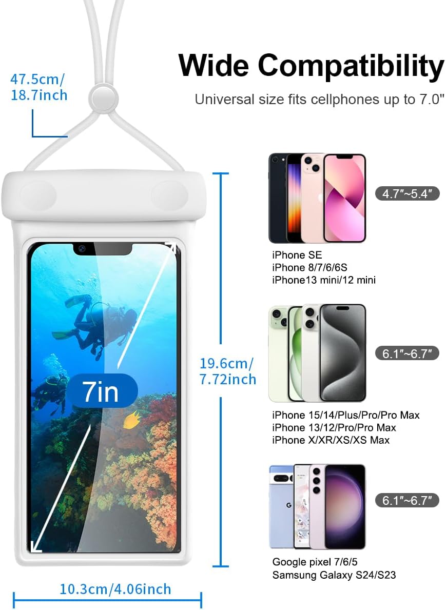 wellhouse Waterproof Phone Pouch, Waterproof Phone Case for iPhone 16 15 14 13 12 Pro Max XS Samsung, IPX8 3D Cellphone Dry Bag Beach Essentials (2 Pack - Duke Green & White7.0, 7 inch)