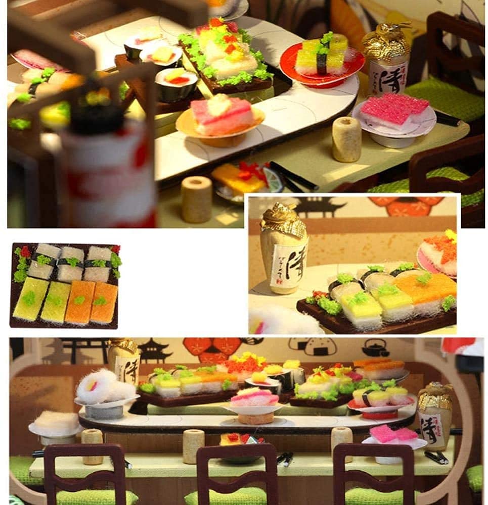 SYW DIY Miniature Dollhouse Kit with Furniture and LED Light，Japanese Sushi Shop Wooden Dollhouse, 1:24 Scale Creative Doll House Toys for Teen