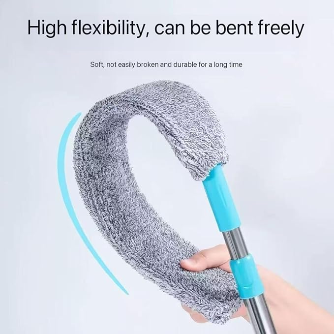 Flat Duster with Extension Pole, Bendable Microfiber Head for Under Appliances & Ceiling Fans - Flexible Long Reach Duster for Hard to Reach Areas, Furniture, Vents & Cobwebs