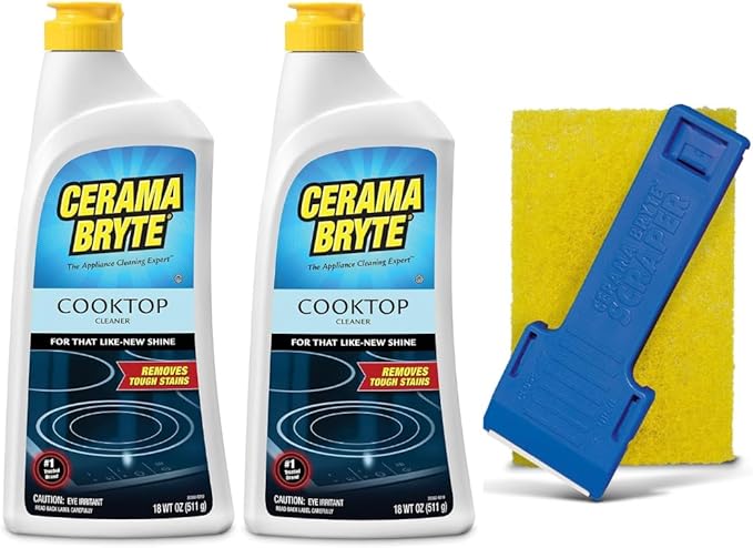 Cerama Bryte Cook Top Cleaner 18 oz 2-Pack & Scraper Pad Bundle