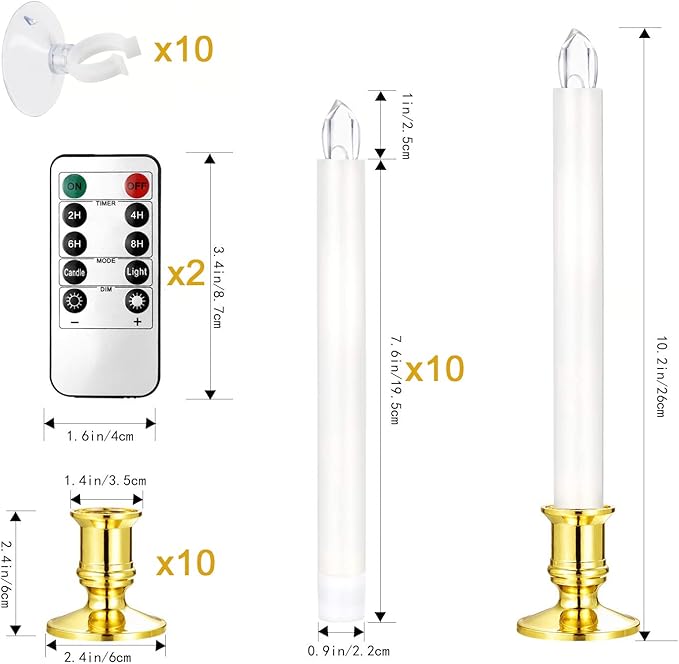YAUNGEL Window Candles, 10 Pack LED Battery Operated Christmas Candles for Windows with Remote Timer Electric Flameless Candle Lights with Candle Holders Suction Cups for Christmas Decorations