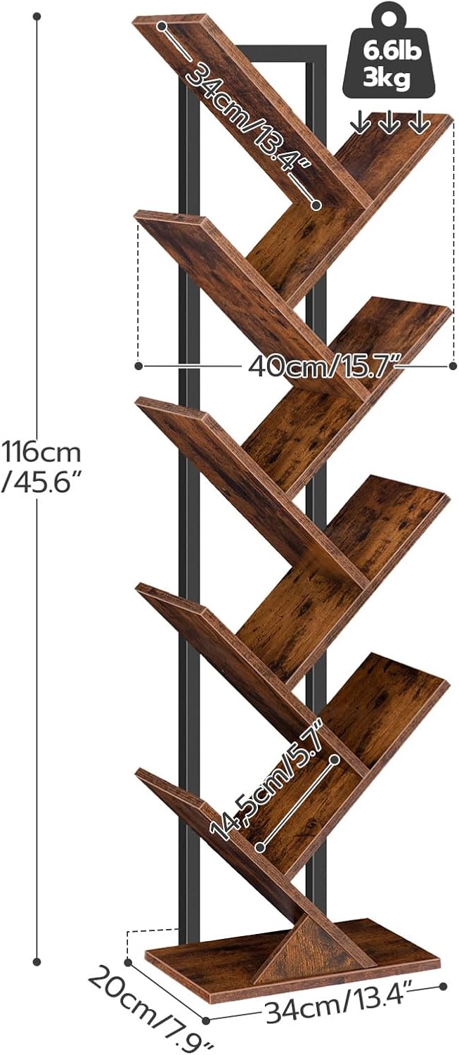 HOOBRO Tree Bookshelf, 9-Tier Bookcase Wooden Shelves, Floor Standing Storage Rack, for Display of CDs, Books in Living Room, Home Office, Wood Storage Rack for Bedroom, Rustic Brown BF08SJ01G1