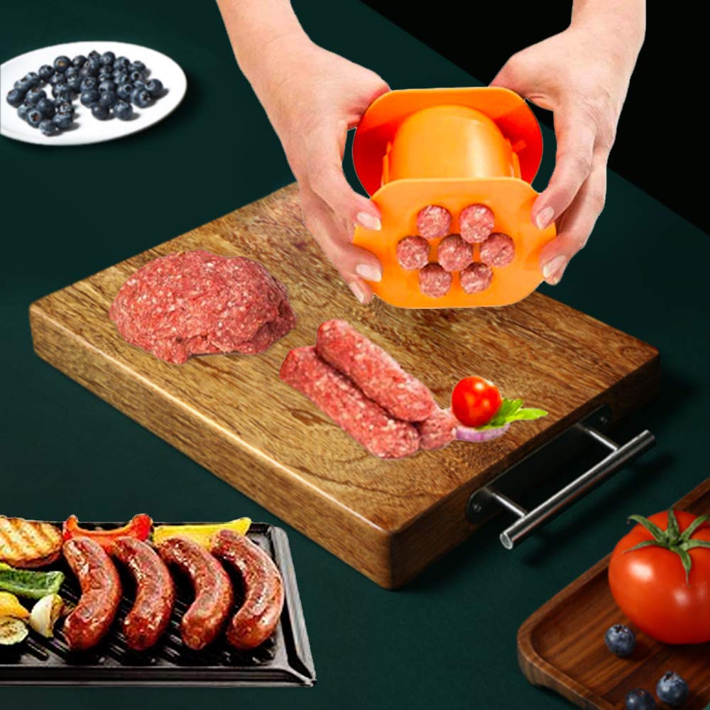 Guppy One Press Cevapcici Sausage Maker Stuffer, 7 Sausages at Once Press Handmade Hot Dog Meat Strip Machine Molds Non Stick Kitchen Meatball Maker (Orange)