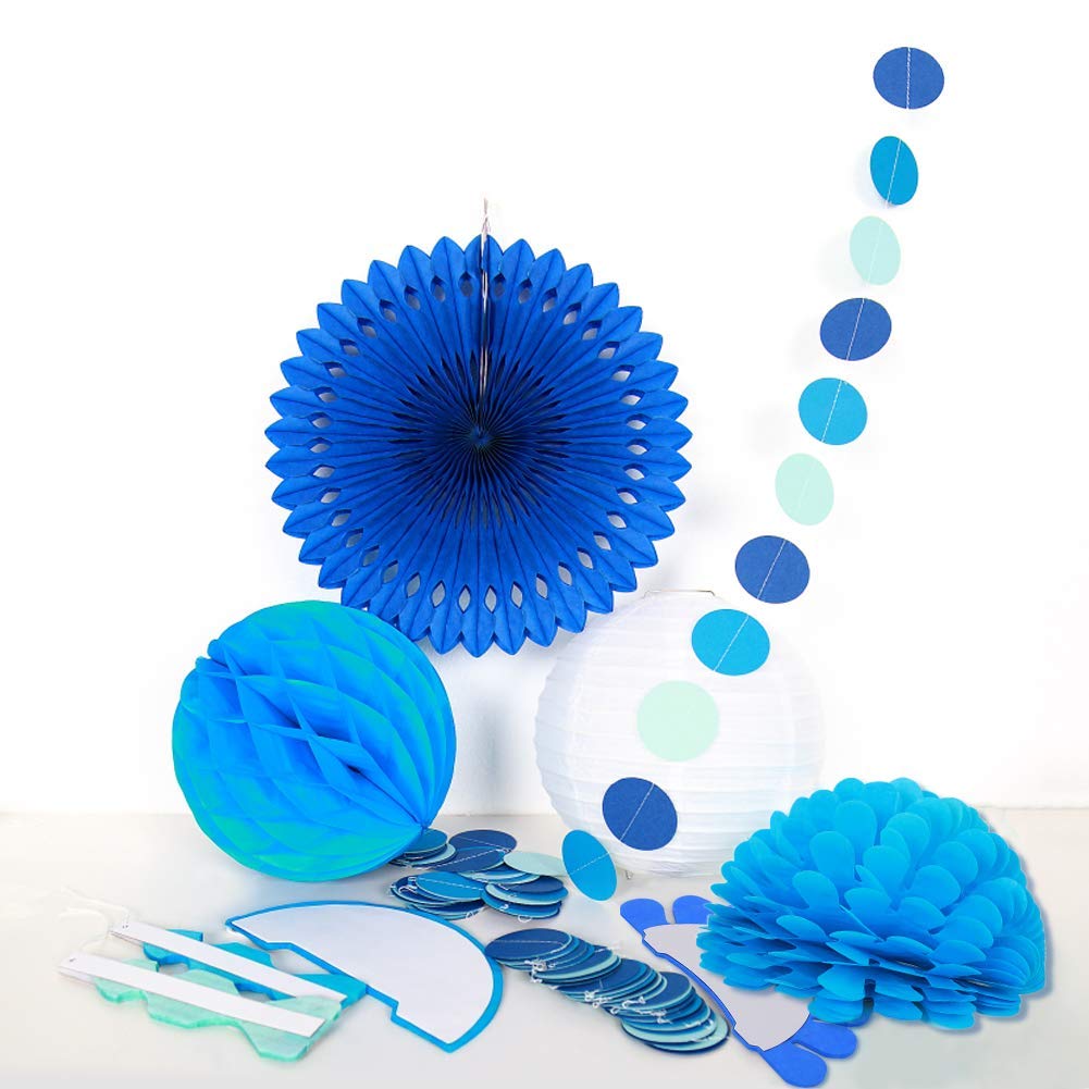Decor365 Blue Birthday Party Decorations Kit Paper Fans Pom Poms Circle Dot Garlands Ocean Theme Hanging Decor Under the Sea Beach Baby Shower Wedding Classroom Summer Anniversary Kids Room