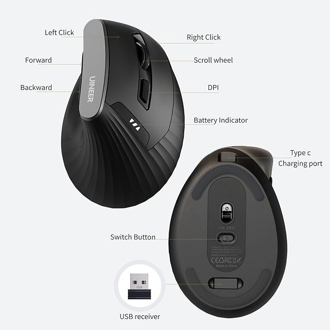 Ergonomic Mouse, Vertica Wireless Mouse 2.4G with USB A Receiver, 2400 DPI Optical Tracking Mice, 4 Adjustable DPI Levels, Rechargeable with Battery Indicator, Wide Compatibility for Windows, Mac OS