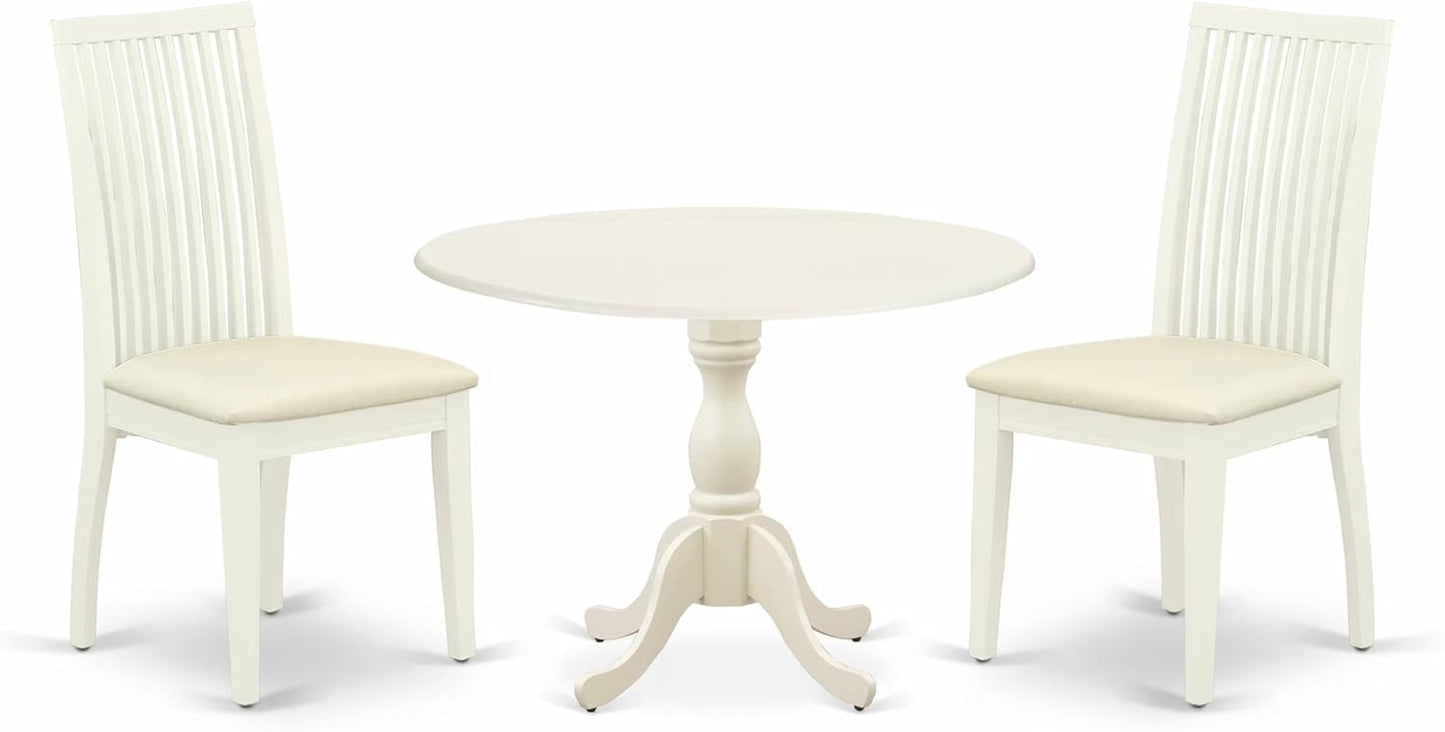 East West Furniture DMIP3-LWH-C 3 Piece Dining Room Furniture Set Contains a Round Kitchen Table with Dropleaf and 2 Linen Fabric Upholstered Dining Chairs, 42x42 Inch, Linen White