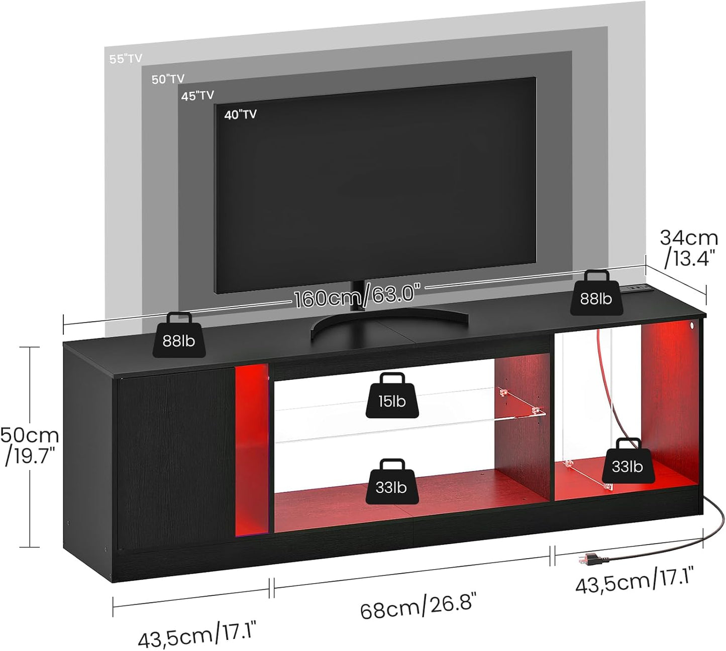 TV Stand with Power Outlets to 63 65 70inch TV, Modern Entertainment Center with Multi-Color LED Light, Media TV Console with Adjustable Glass Shelves for Living Room, Bedroom, Black MDS03UDBB