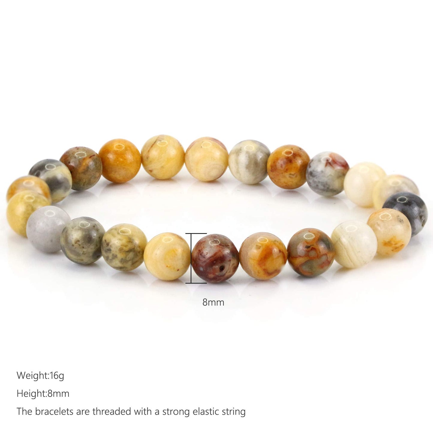 Clearain Natural Gemstones Bracelet 8mm Chakra Round Beads Energy Power Crystal Reiki Healing Elastic Stretch 7 Inch for Women Men Unisex(Crazy Agate)