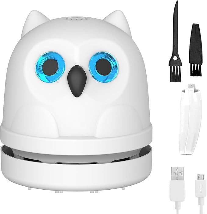 Mini Desktop Vacuum Cleaner Owl Desk Vacuum Cleaner Cute Desk Vacuum Sweeper for Cleaning Eraser Waste, Crumbs, Hair, Paper Scraps on Computer Piano Keyboard Countertop Car