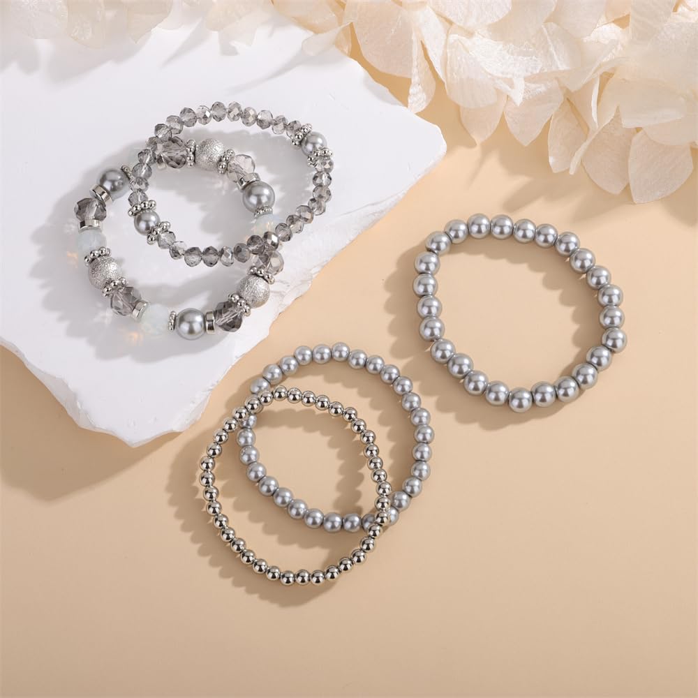 Sither Beaded Pearls Bracelets Pack for Women Boho Laryed Stretch Bracelet Jewelry Set for Halloween Christmas Gift (silver)