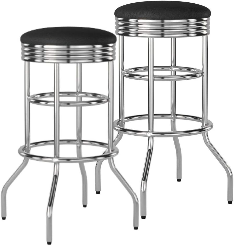 TRINITY Heavy Duty 30-Inch Backless Swivel Bar Stool for Kitchen, Garage, or Workshop, Chrome Finish with Faux Leather Seat, 2 Pack Pre-Assembled, Black