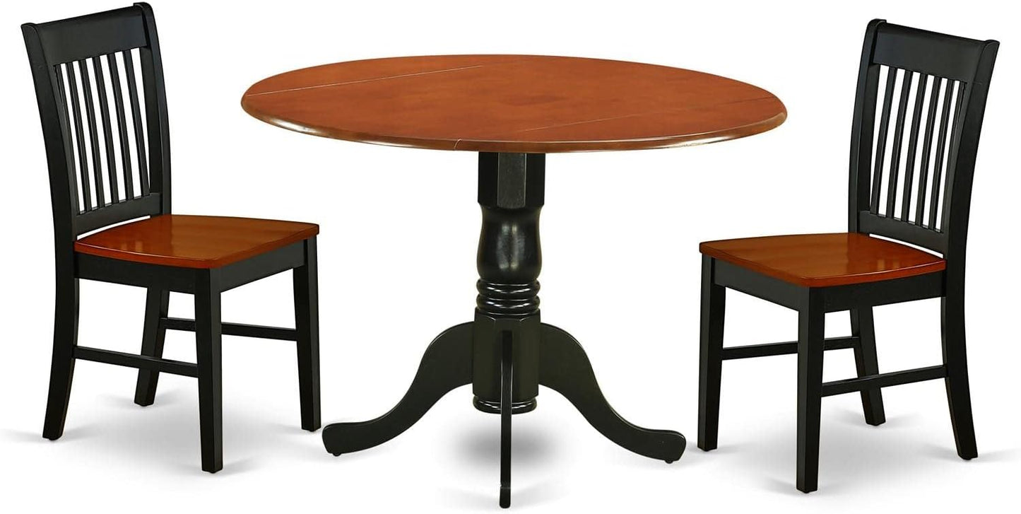 East West Furniture DLNO3-BCH-W 3 Piece Dining Room Table Set Contains a Round Dining Table with Dropleaf and 2 Wood Seat Chairs, 42x42 Inch, Black & Cherry
