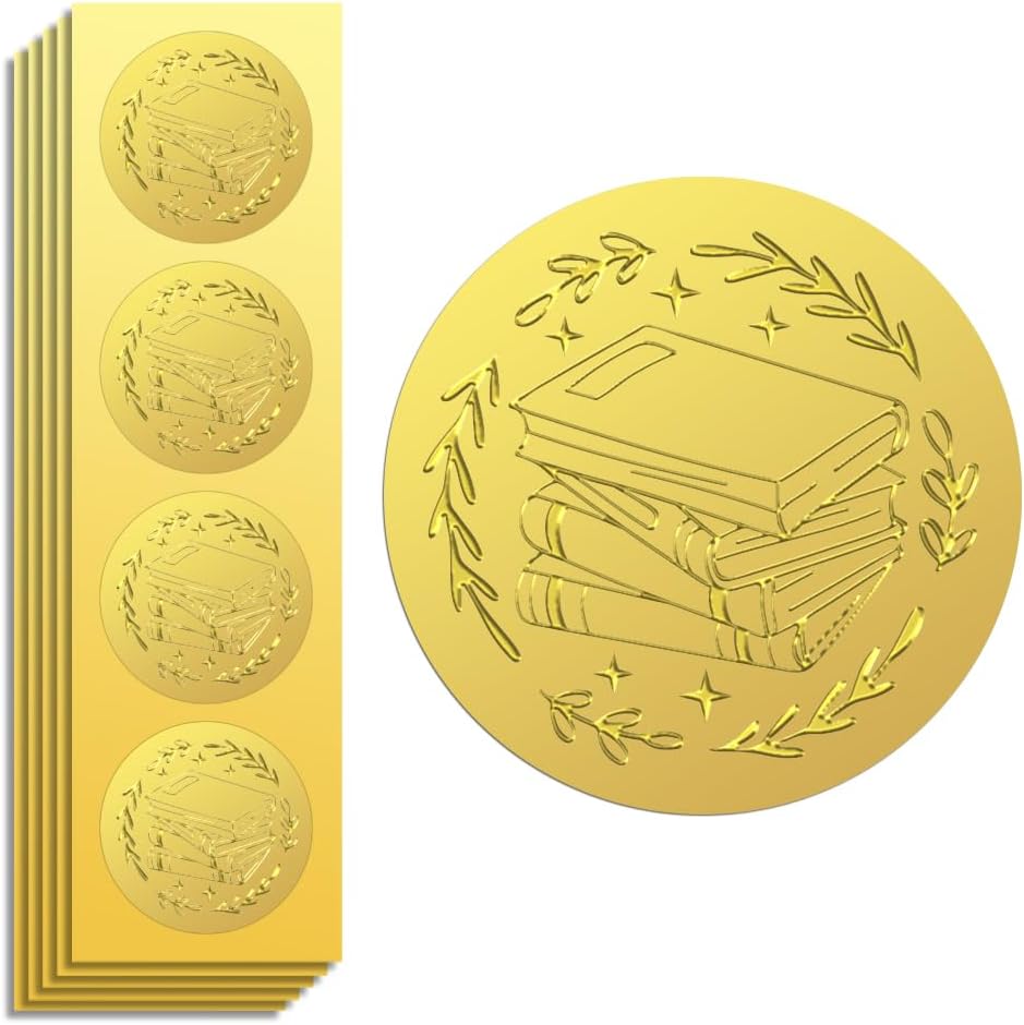 Peacoblue Gold Foil Sticker Seal Embossed 2 Inch 100Pcs A Pile of Books, Self Adhesive Gold Around Embossing Sticker for Invitation Certificate Envelope Seal Gift Card Decoration