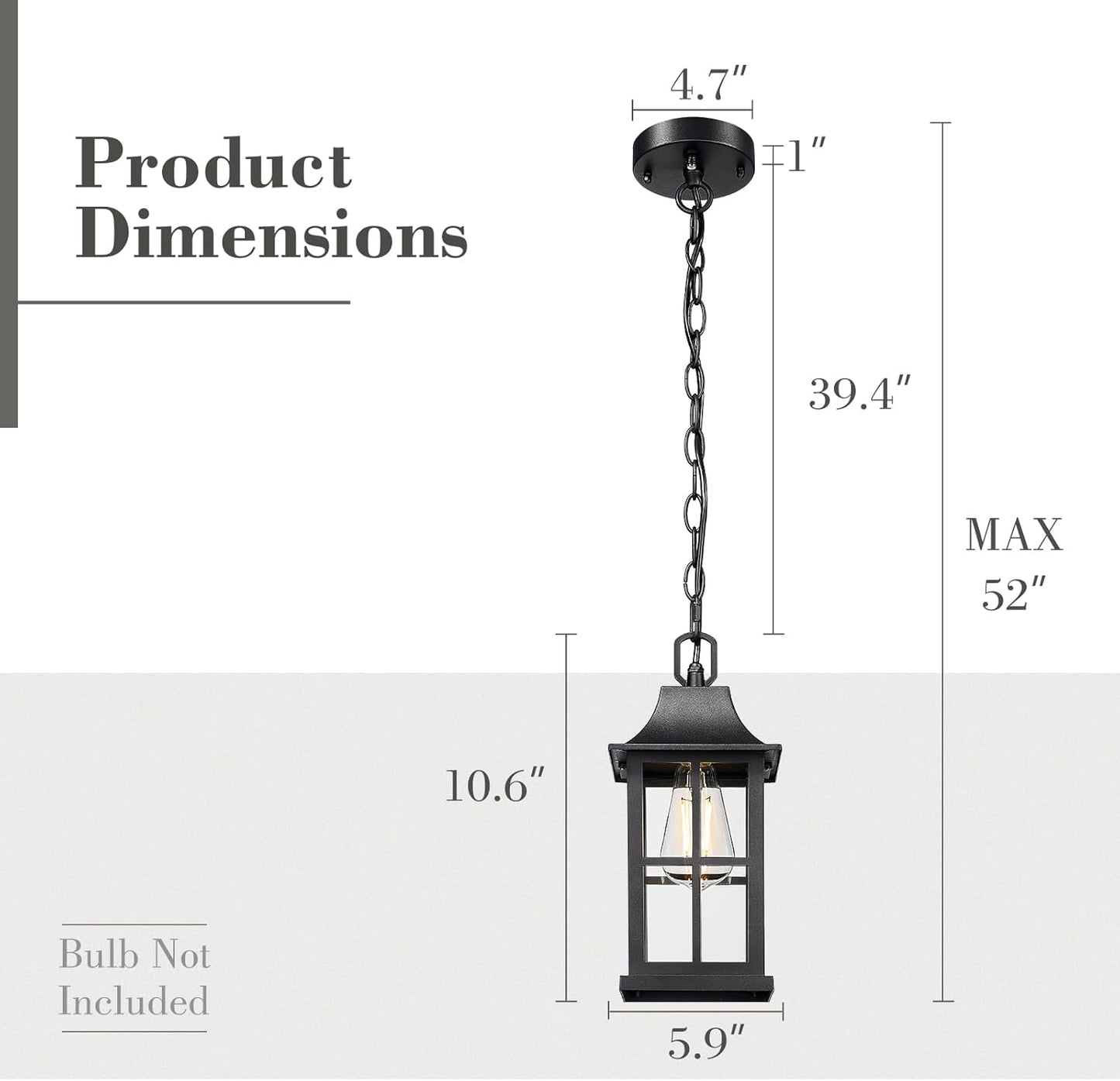 Emliviar 10.6" Dusk to Dawn Outdoor Pendant Light, Black Hanging Porch Light with Clear Glass Shade, Weatherproof Ceiling Lamp for Patio, Auto On/Off, YXE306H-PC BK