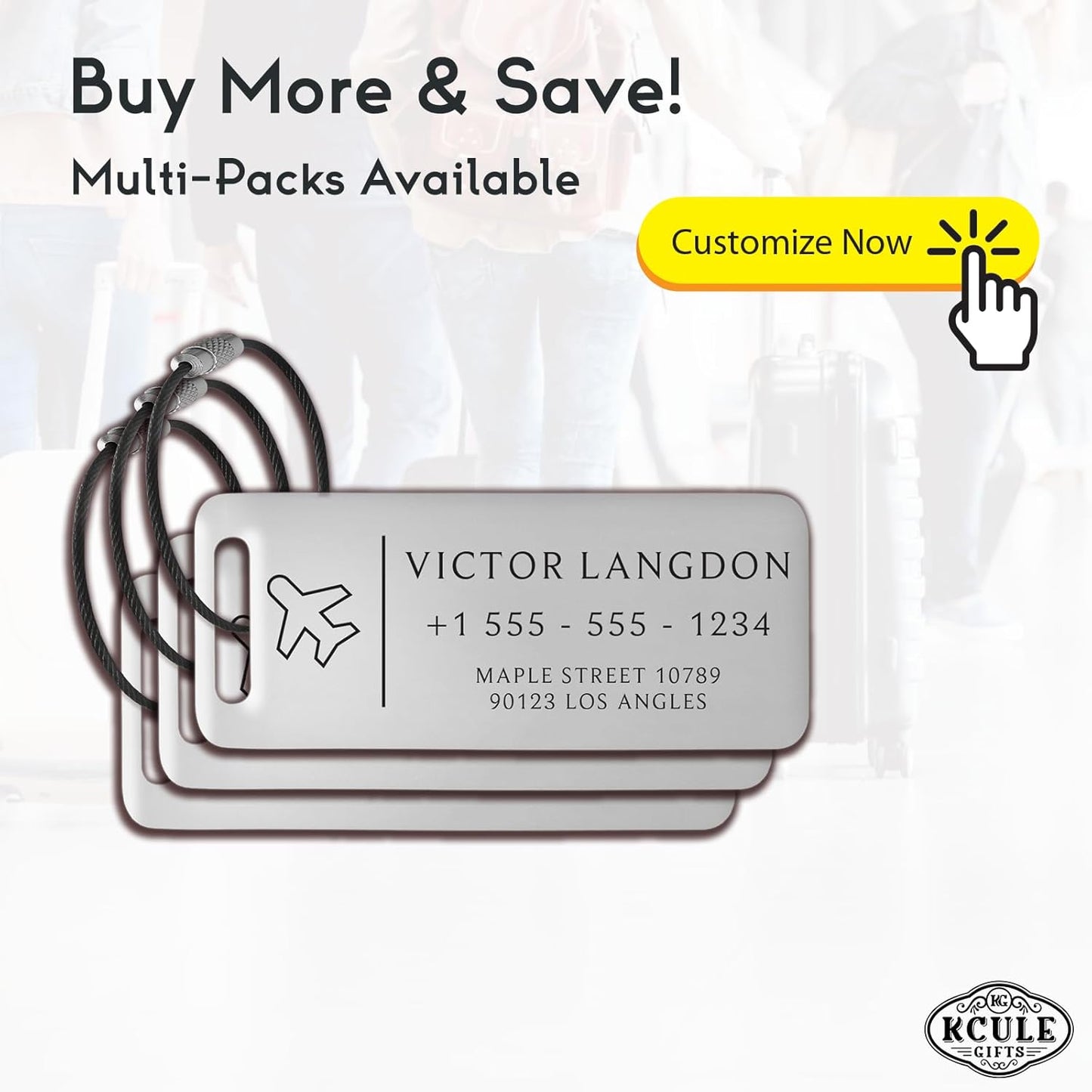 Personalized Luggage Tags for Suitcases - Stainless Steel Custom Luggage Tags for Backpacks & Bags, Sturdy, Waterproof & Heavy Duty (Silver / 3" x 1.25")