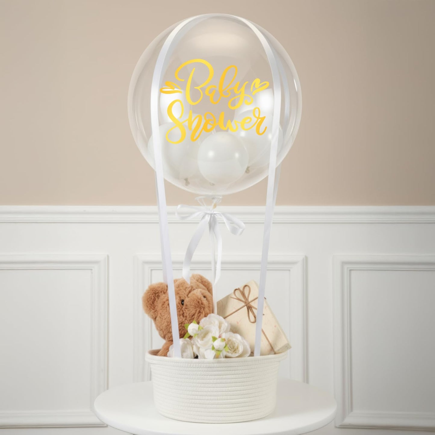 BrightRow DIY Hot Air Balloon Baby Shower Gift Basket Decoration Set Woven Basket Transparent Bobo and White Balloons Ribbon Balloon Stand Sticker Newborn Gift Wrapping Baby Shower Party Decor