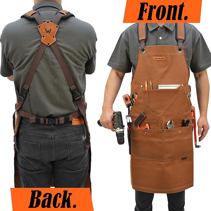 WELKINLAND 16-Pockets Waxed-Canvas Tool Apron, Heavy-Duty Woodwork Aprons, Fully-Adjustable Carpenter Apron, 34" x 27" Blacksmith Woodworking Apron