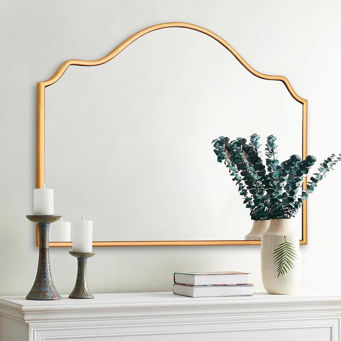Chende Gold Arched Mirror, 36'' x 24'' Decorative Mirror with Wooden Frame, Elegant Wall Mirror for Living Room, Entryway, Fireplace