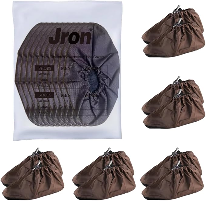 Jron 5 Pairs Premium Reusable Washable Shoe Cover Boot Covers for Contractors, (5 Pairs | US 12-14 For Shoes/US 11-13 For Boots, Brown)