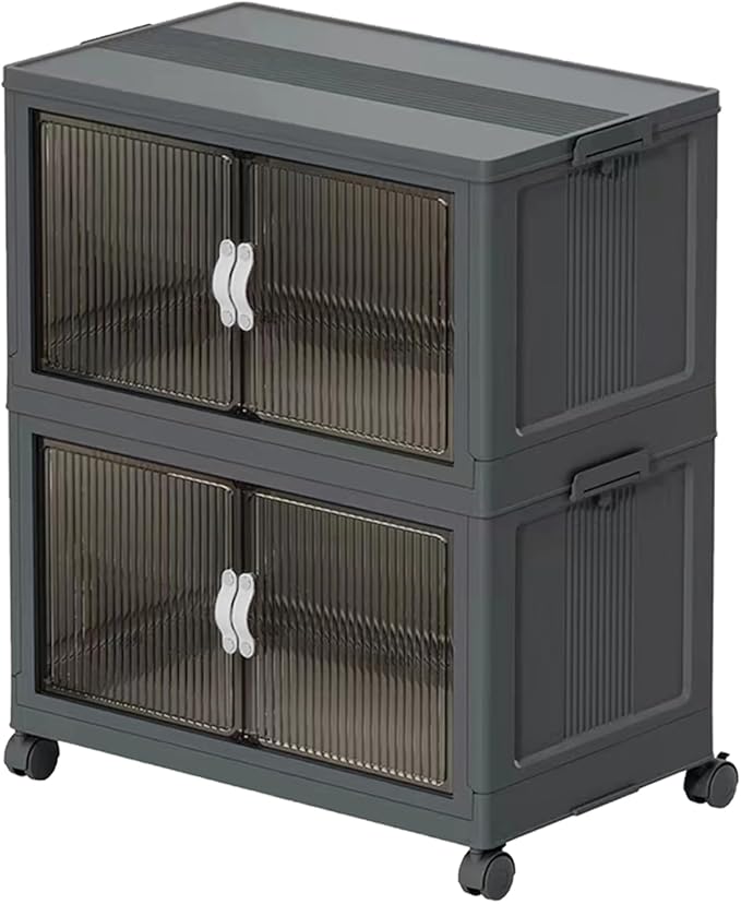Stackable Storage Bins, Plastic Collapsible Storage Bins with Lid and Wheels, Folding Closet Organizer Clear Doors, Foldable Cabinet Storage Boxes for Home, Pantry, Office (M, Gray 2-Tier)