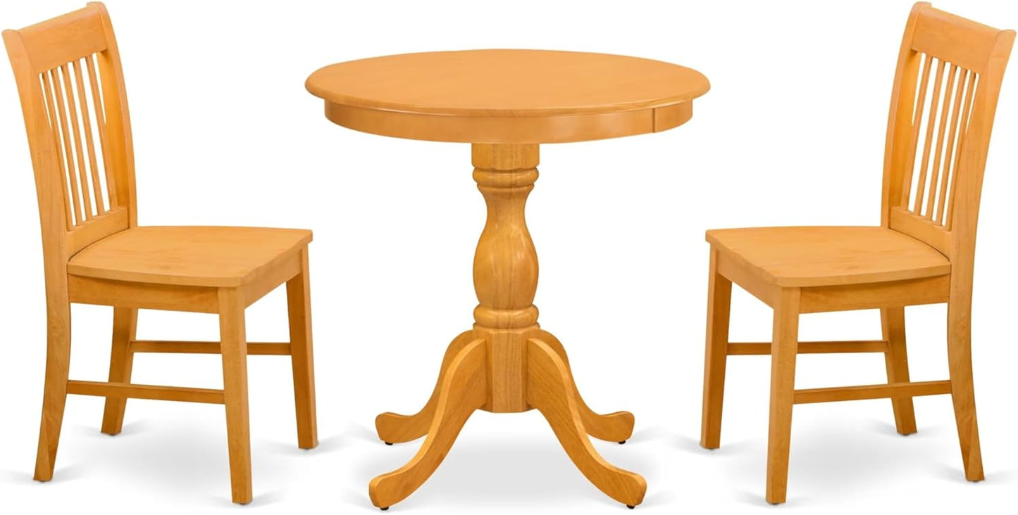 East West Furniture ESNF3-OAK-W 3 Piece Dining Set Contains a Round Dining Table with Pedestal and 2 Kitchen Chairs, 30x30 Inch, Oak