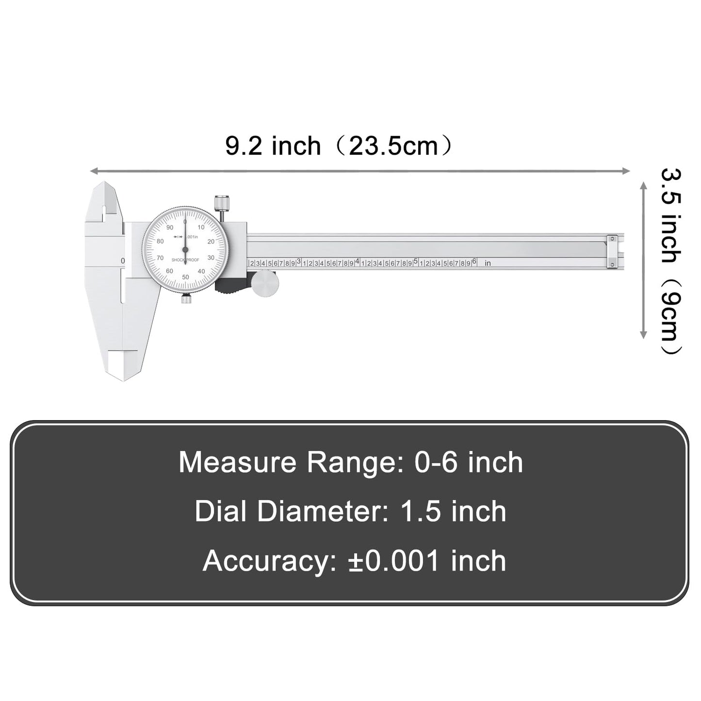 HDLNKAK Dial Caliper Shockproof Dial Caliper Precision Caliper with Watch 0-6" Range, 0.001” Resolution 6 Inch with 0.001" Precision Calipers 4-Way Measurement with Plastic Case
