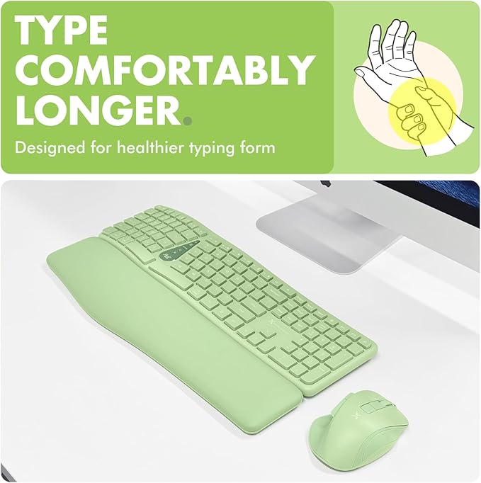 X9 Green Ergonomic Keyboard Mouse Wireless Combo - Type Comfortably Longer - 2.4G/Bluetooth Split Keyboard, Multi-Device, Soft Wrist Rest, Rechargeable, Silent Ergo Keys - Laptop, PC, Mac,iOS,Android