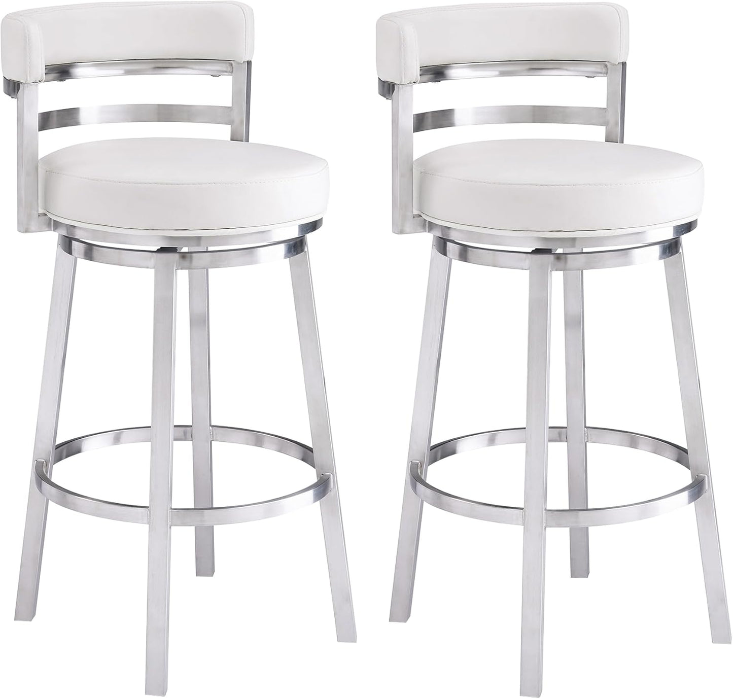 Armen Living Madrid 30" Seat Height Swivel White Faux Leather and Brushed Stainless Steel Bar Stool for Kitchen Island Counter, Set of 2