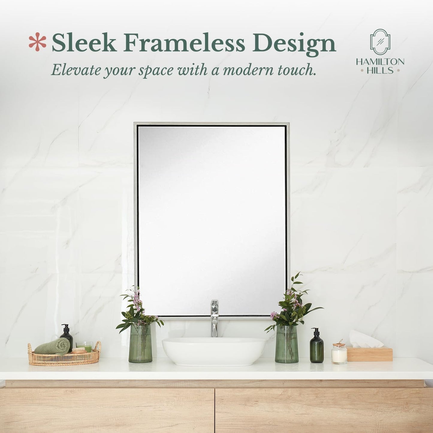 Hamilton Hills 30x40 inch Polished Silver Metal Framed Wall Mounted Mirror - Large Rectangular Bathroom Mirror - 1/2 inch Floating Frame Vanity Nickel Glass - Hangs Horizontal or Vertical