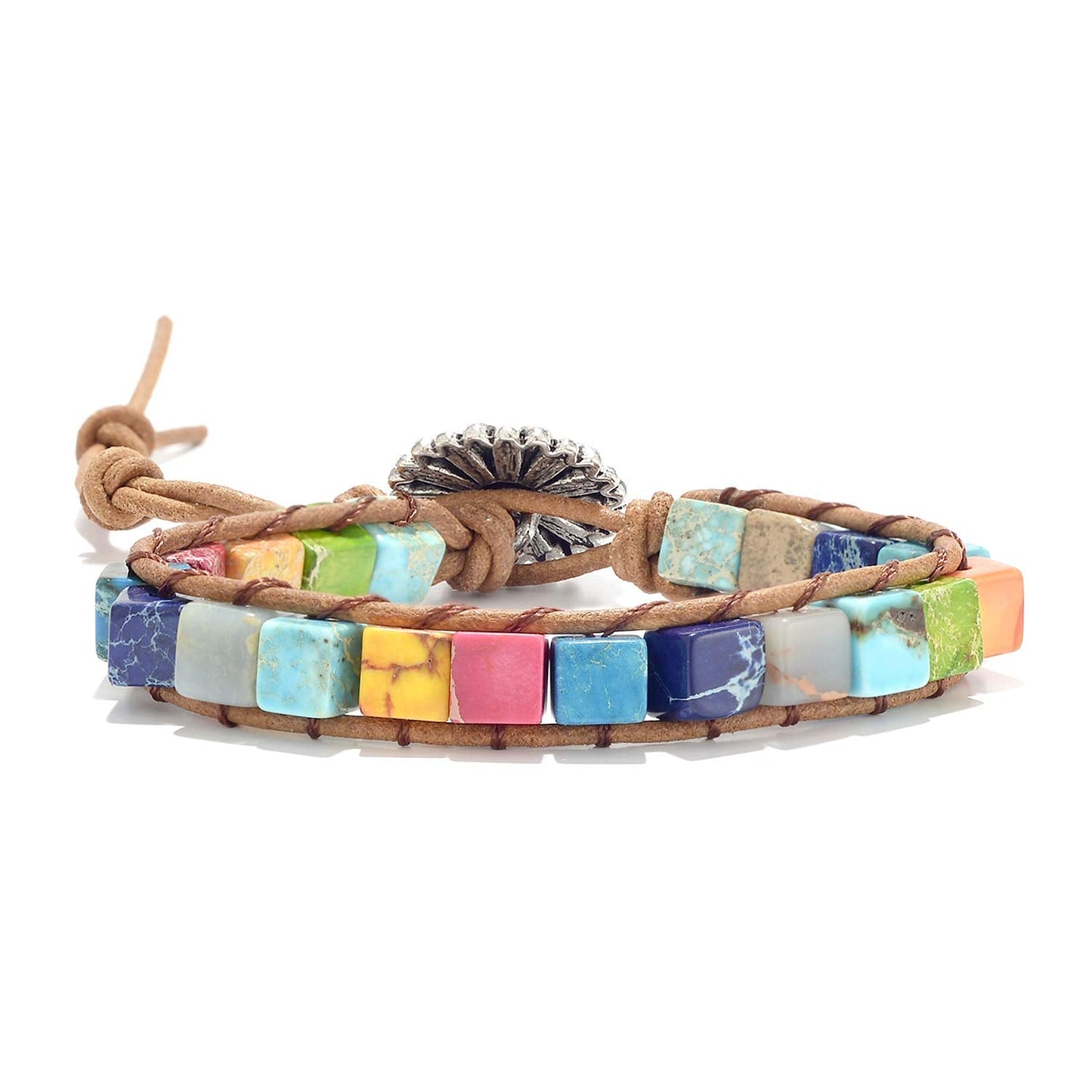 sedmart 7 Chakra Bracelets for Women with Real Stones Leather Wrap Healing Bead Bracelet Women Men Boho Friendship Jewelry… (Flower Button & Square Stone)