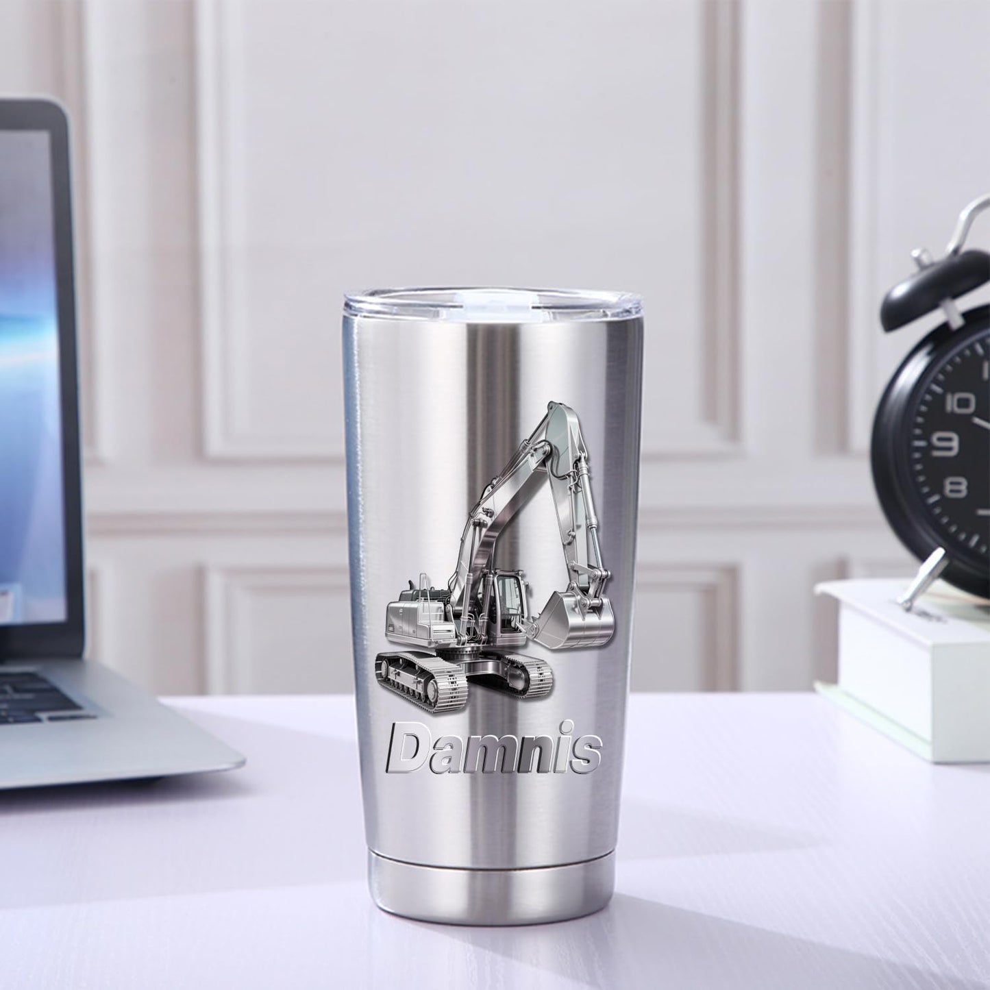Personalized 3D Excavator Stainless Steel Silver Tumbler Mug for Kids Boys, Custom Name Excavator Tumbler Mug for Construction Lover, Kids Boy Birthsday Gift