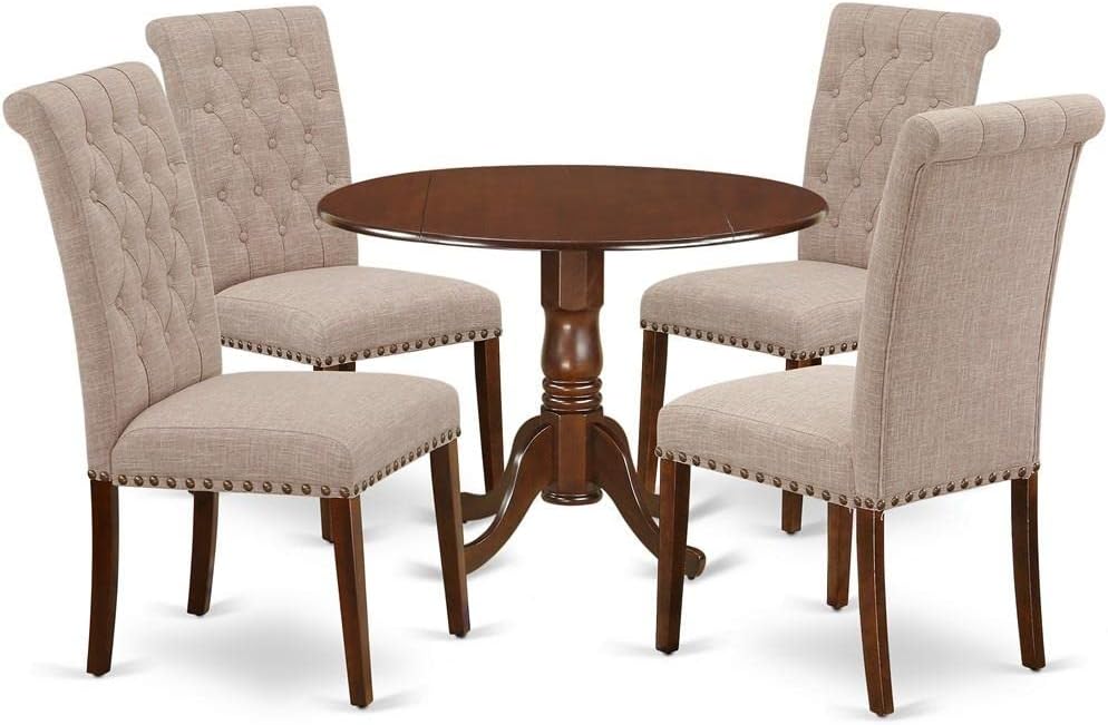 East West Furniture DLBR5-MAH-04 5 Piece Dining Room Furniture Set Includes a Round Dining Table with Dropleaf and 4 Light Tan Linen Fabric Upholstered Chairs, 42x42 Inch, Mahogany