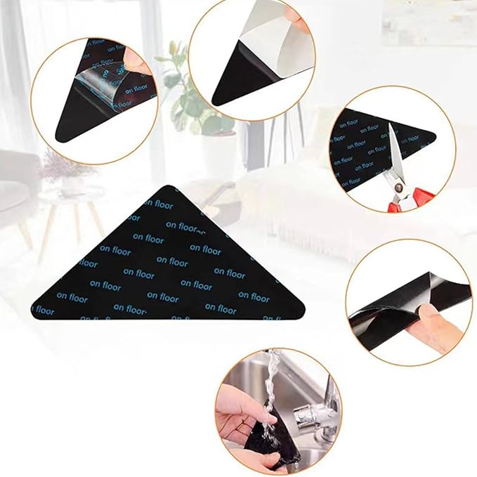 Rug Stickers for Wood Floor - Double-Sided Grippers 12PCS Triangle Carpet Stickers | Washable Non-Slip Carpets Corner Tape, Strong Rugs Fixing Pads for Hardwood Floor Area Rugs, Reusable Carpet Grip