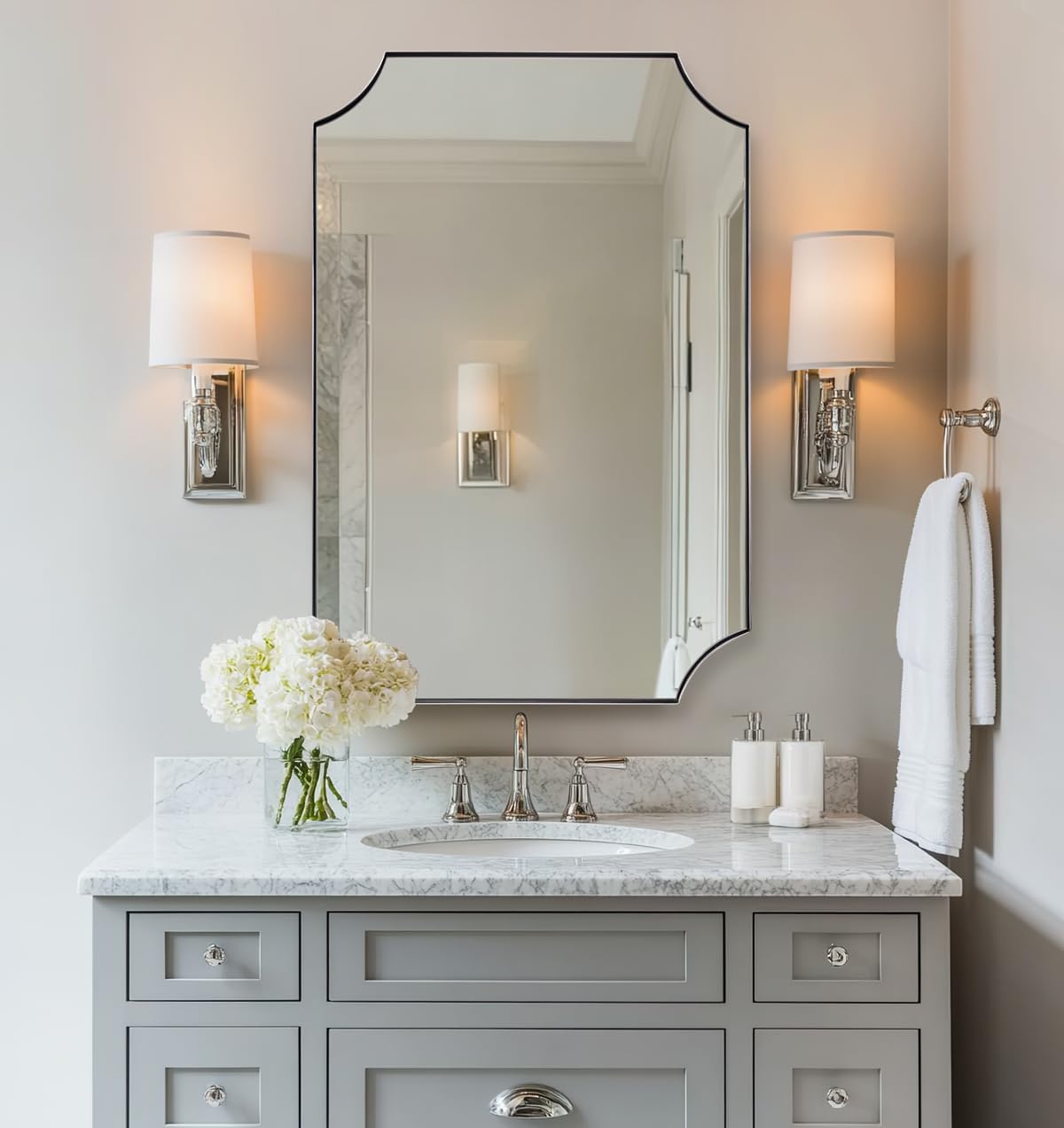 ANDY STAR 24x36 Inch Chrome Mirror, Scalloped Bathroom Mirror, Polished Chrome Framed Mirror in Anti-Rust Stainless Steel Metal Thin Frame Deep 1’’, Unique Scalloped Edge Design
