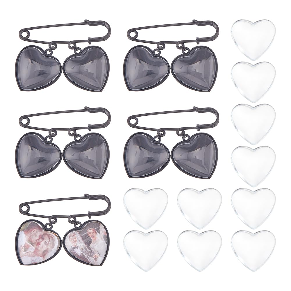 SUPERFINDINGS 5 Set Wedding Bouquet Photo Charm Black Bridal Brooches Pins DIY Pin Brooch Making Kit Alloy Double Heart Style Pendant Memorial Photo Charm for Women Wedding Memory Bridal Jewelry Gift