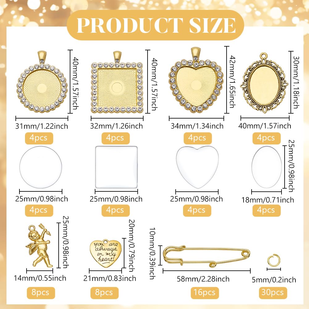 WEBEEDY 94 PCS 16 Sets Wedding Bouquet Photo Charms Gold Rhinestone Pin Brooch Making Kit Heart Oval Round Square Charms with Clear Glass Cabochons You Are Always in My Heart Charm for Wedding Gift