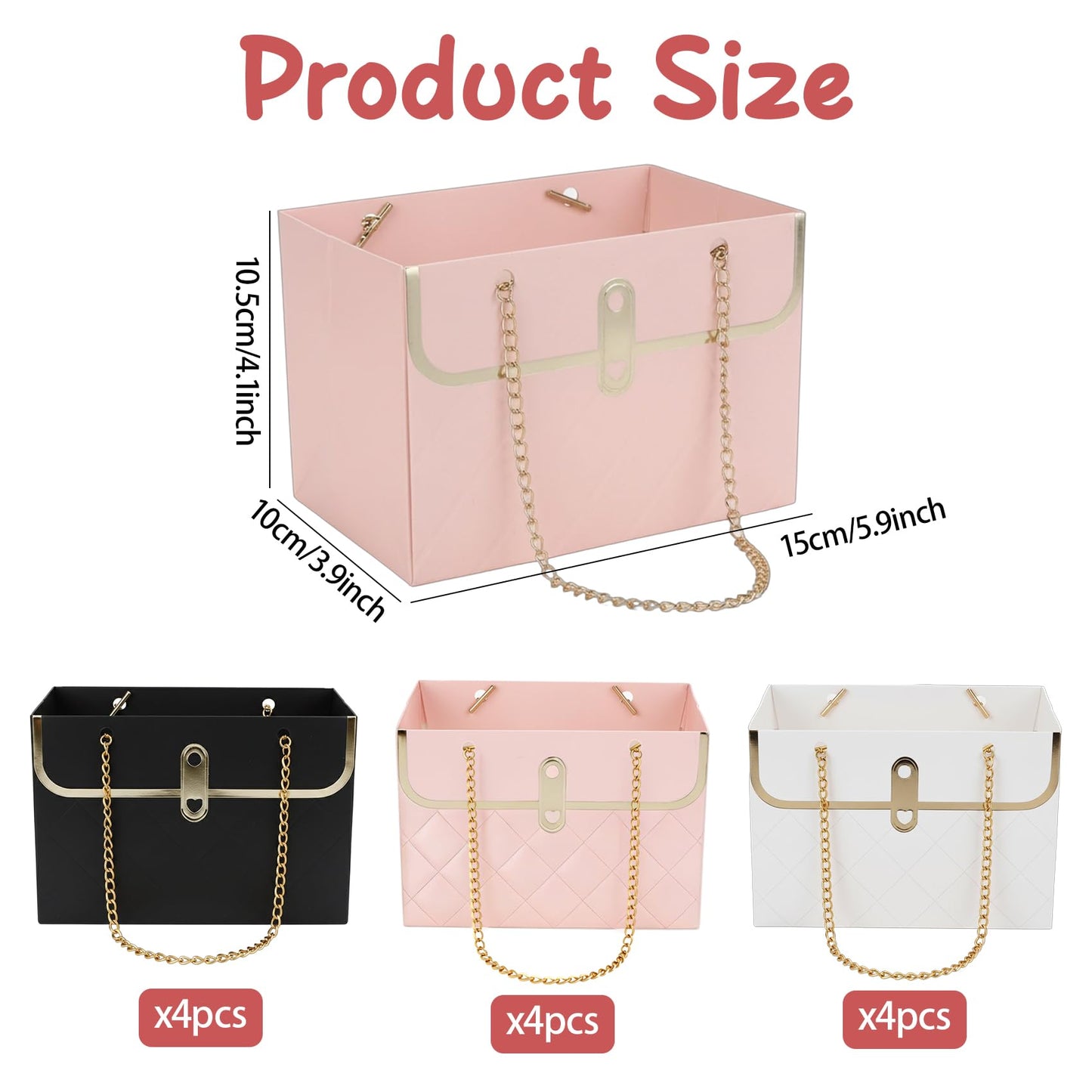 12 Pack Flower Paper Gift Bag, Bouquet Storage Bucket Box Paper Flower Handbag Box with Metal Chain Rectangle Mother's Day Flower Bags for Bouquets Wedding Flower Graduation Supplies, Black White Pink