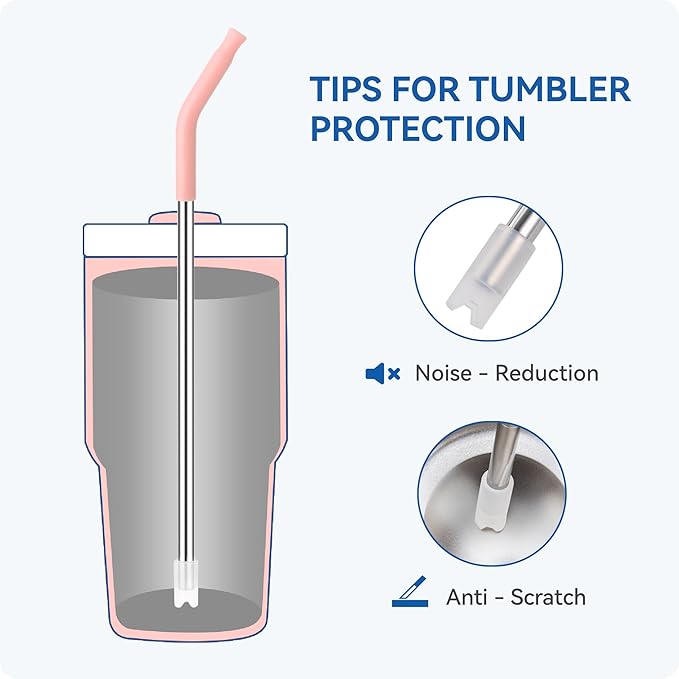 Reusable Metal Straws with Silicone Tip for Stanley 20oz,Stainless Steel Drinking Straws for 20oz Tumbler,3 Straight Tubes & 6 Tips& 1 Cleanr Brush(Rose Quartz)