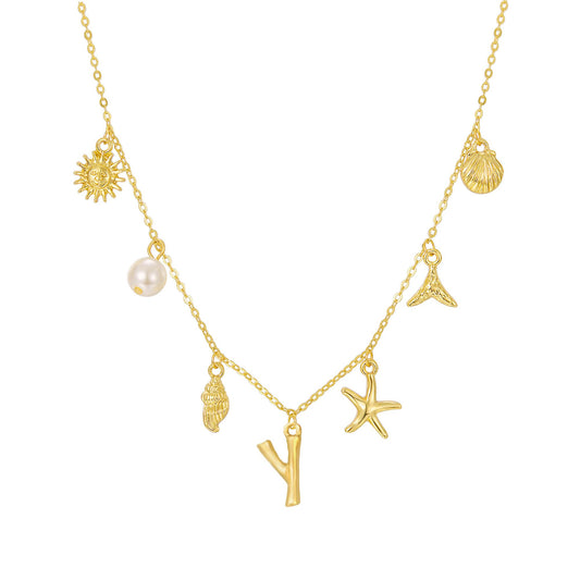 JALZEMPL Initial Charm Necklace For Women Shell Seashell Summer Beach Letter 14K Gold Plated Pendant Starfish Surfer Boho Jewelry Gifts (Y)