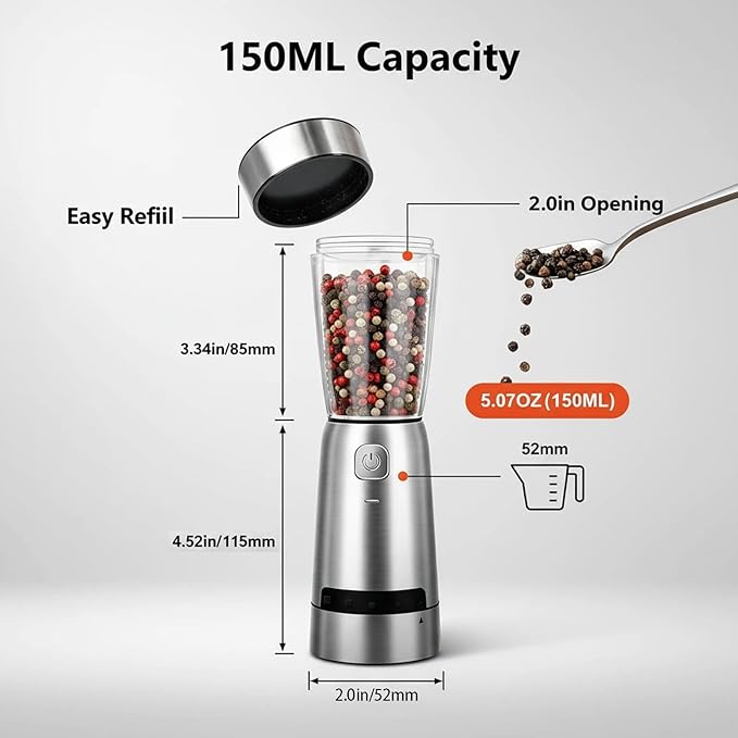 Electric Salt and Pepper Grinder Set, with LED Lights, Stainless Steel Automatic Pepper & Salt Mill with 5 Adjustable Coarseness (Upgraded Larger Capacity 150 ML)