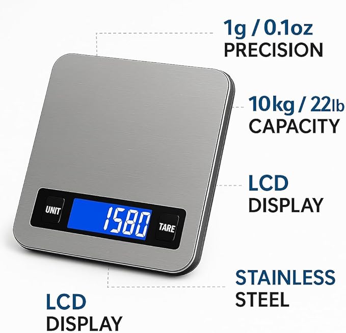 Digital Kitchen Scale 10kg/22lb – 1g High Precision Food Scale, Stainless Steel Platform, LCD Display, Tare Function, Battery Powered for Cooking, Baking & Meal Prep