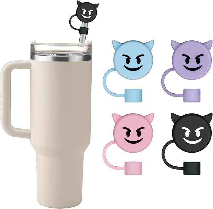Halloween Silicone Straw Covers Cap for Stanley Cup, Cute Straw Topper for Stanley 30&40 Oz Tumbler, Reusable Dust-Proof Drinking Straw Cover, Set of 4（Demon）