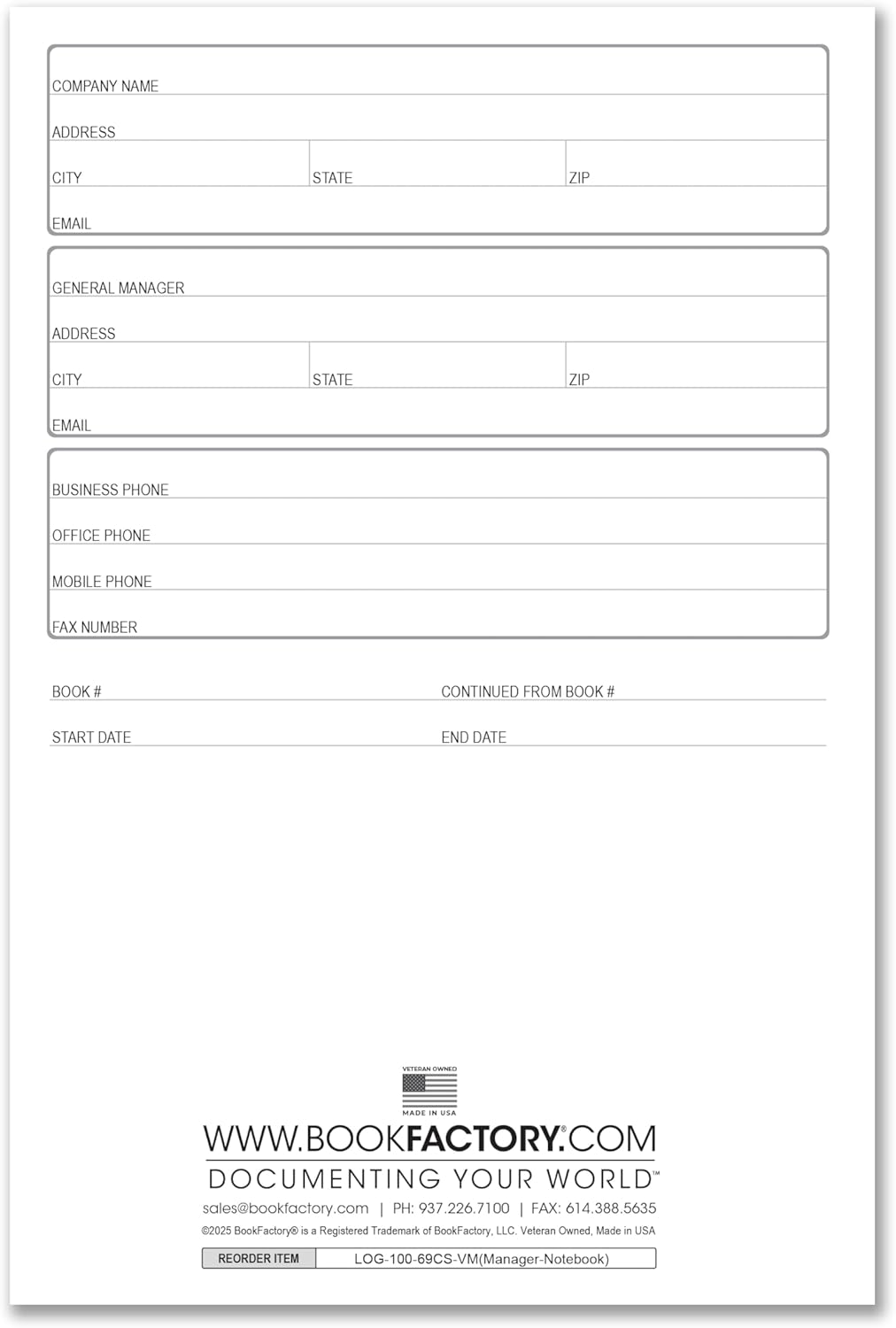 BookFactory Manager Notebook Manager's Log Book Planner Management Logbook, Laminate Hardbound 100 Pages 6" x 9" (Made in USA)