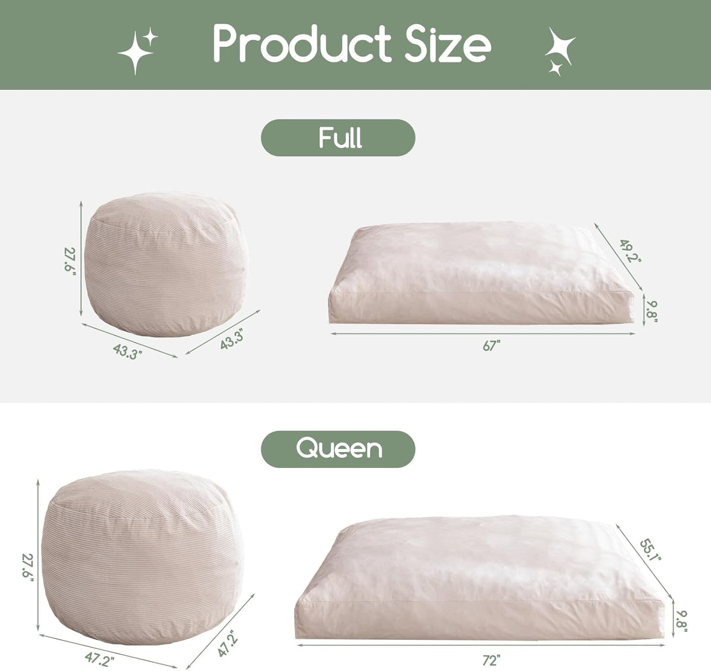 HIGOGOGO Giant Bean Bag Chair Bed for Adults,Convertible Beanbag Folds from Lazy Chair to Floor Mattress Bed,Large Floor Sofa Couch for Adult,Couples,Family, Machine Washable, Beige