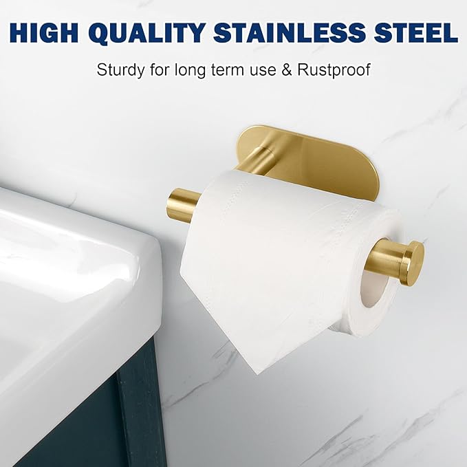 NearMoon Toilet Paper Holder Self Adhesive, Premium Thicken SUS304 Stainless Steel Rustproof Adhesive Toilet Roll Holder no Drilling for Bathroom, Kitchen, Washroom (4 Pack, Brushed Gold)