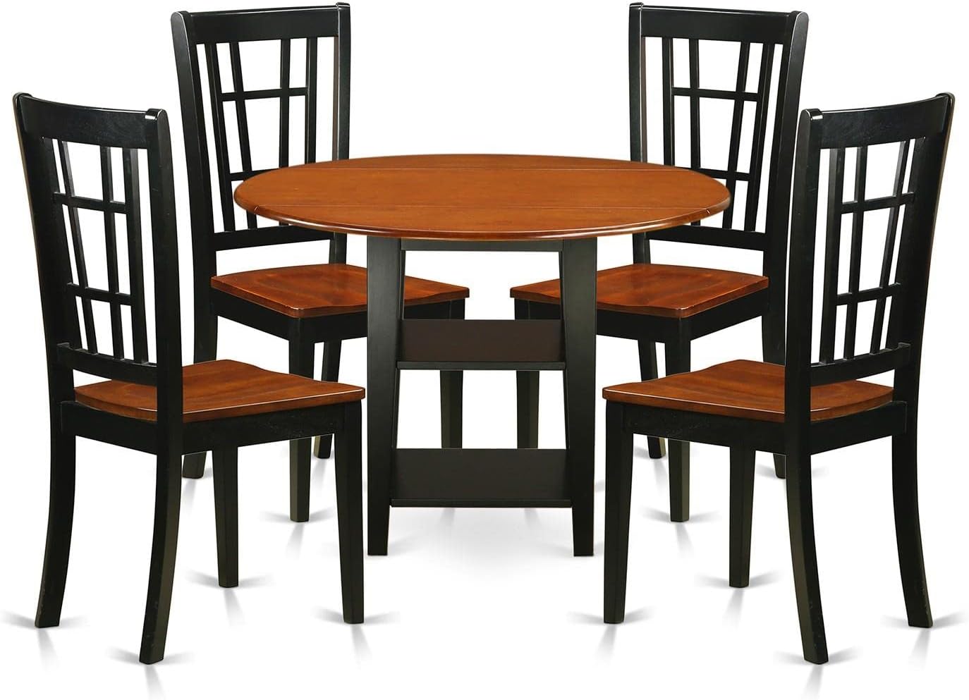 East West Furniture SUNI5-BCH-W 5 Piece Dining Room Furniture Set Includes a Round Dining Table with Dropleaf & Shelves and 4 Wood Seat Chairs, 42x42 Inch, Black & Cherry