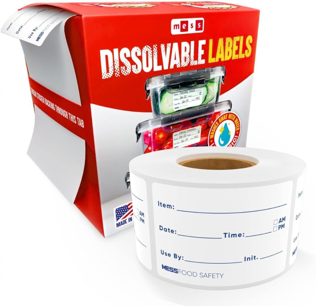 MESS Dissolvable Food Labels, Fill-in, 2x3 300/Roll - Dissolves in 30 Seconds or Less - Removable Pantry, Meal Prep & Food Storage Labels – Canning & Freezer Use